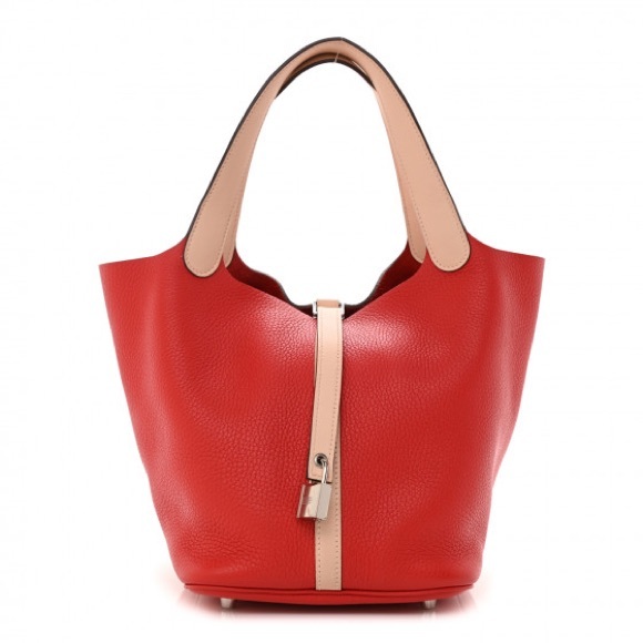 HERMES，Taurillon Clemence Swift Picotin Lock 22 MM Rouge Tomate Rose Eglantine - Picture 1 of 8
